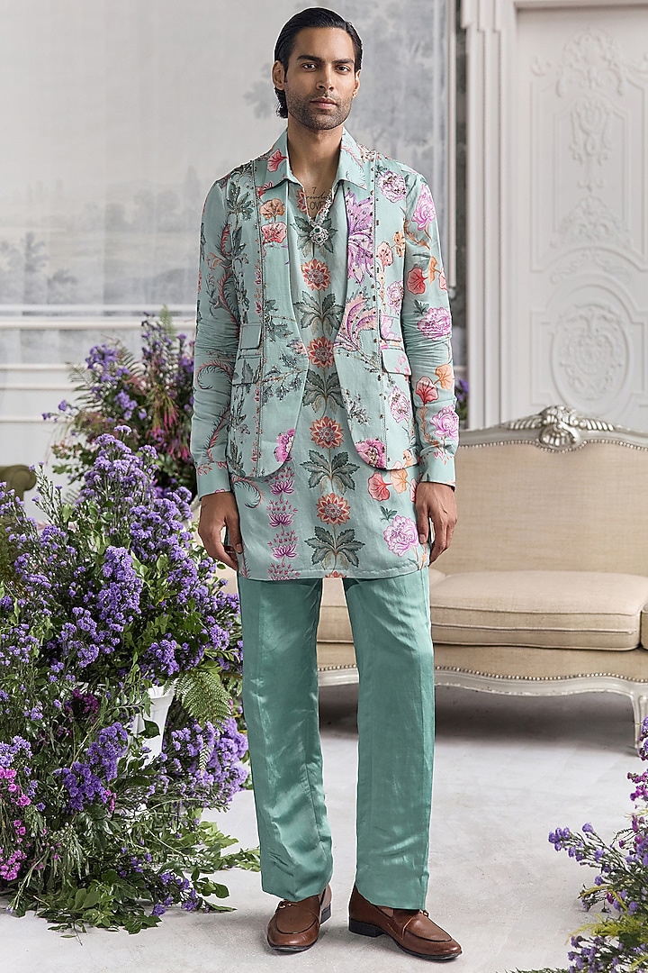 Jade Green Linen Satin Printed & Embroidered Bundi Set by Mahima Mahajan Men at Pernia's Pop Up Shop