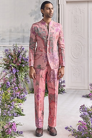 Blush Pink Satin Organza Printed Bandhgala Set by Mahima Mahajan Men