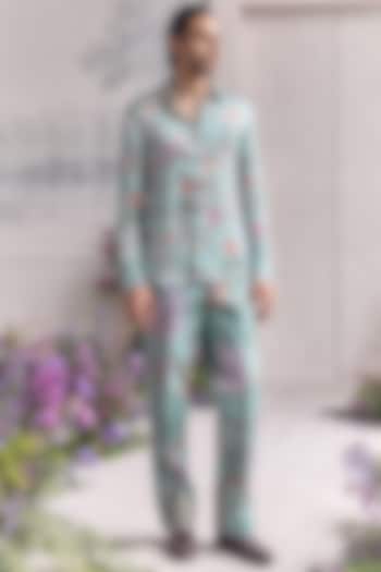 Jade Green Linen Satin Printed Co-Ord Set by Mahima Mahajan Men at Pernia's Pop Up Shop