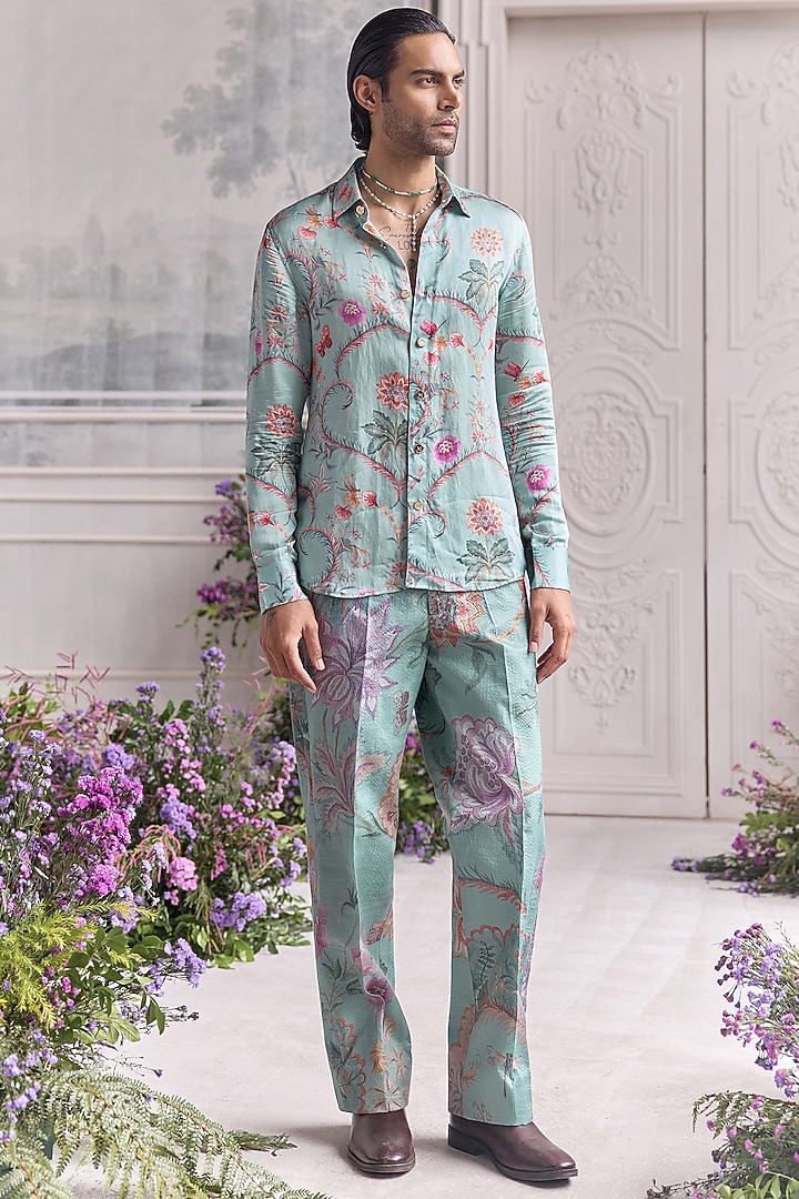 Jade Green Linen Satin Printed Co-Ord Set by Mahima Mahajan Men at Pernia's Pop Up Shop