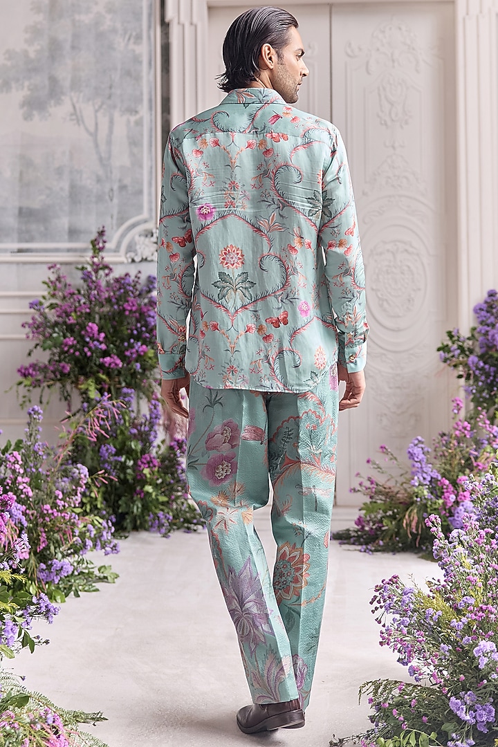 Jade Green Linen Satin Printed Co-Ord Set by Mahima Mahajan Men at Pernia's Pop Up Shop