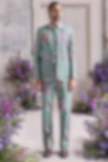 Jade Green Satin Organza Embroidered & Printed Blazer Set by Mahima Mahajan Men at Pernia's Pop Up Shop