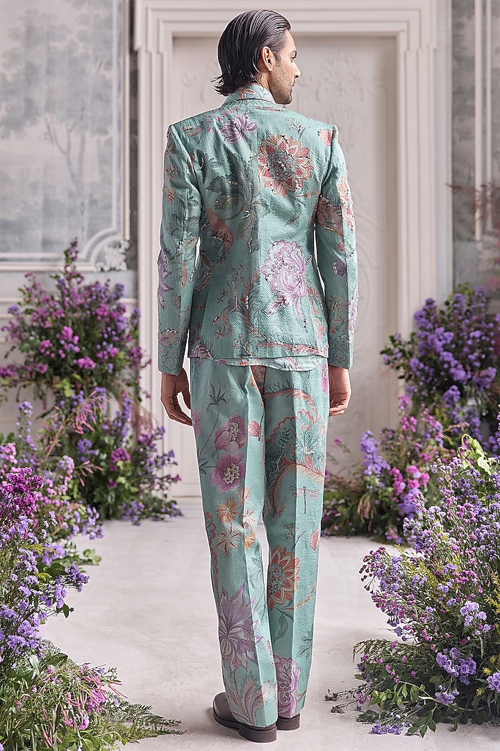 Jade Green Satin Organza Embroidered & Printed Blazer Set by Mahima Mahajan Men at Pernia's Pop Up Shop