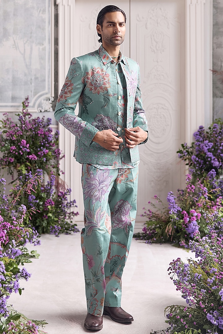 Jade Green Satin Organza Embroidered & Printed Blazer Set by Mahima Mahajan Men at Pernia's Pop Up Shop