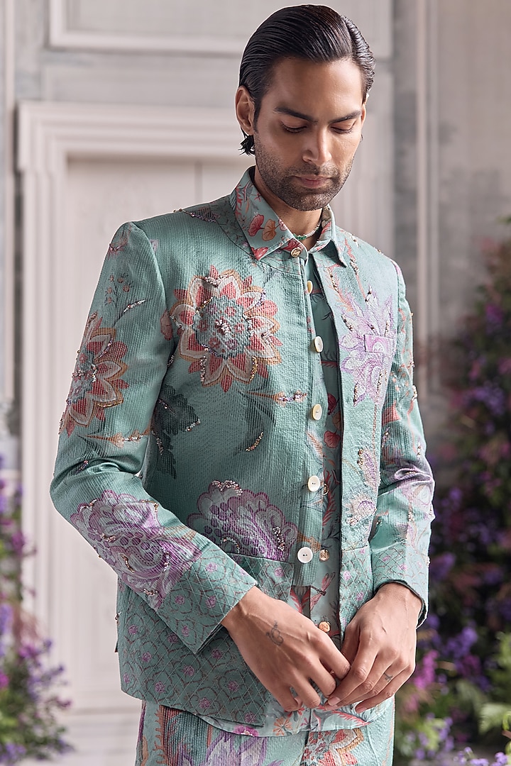 Jade Green Satin Organza Embroidered & Printed Blazer Set by Mahima Mahajan Men at Pernia's Pop Up Shop