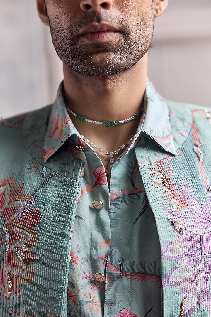 Jade Green Satin Organza Embroidered & Printed Blazer Set by Mahima Mahajan Men at Pernia's Pop Up Shop