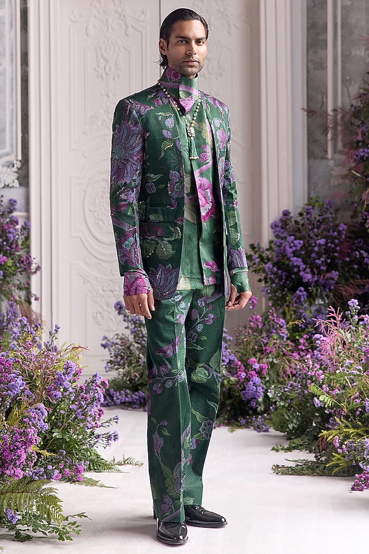Forest Green Linen Satin Embroidered & Printed Blazer Set by Mahima Mahajan Men at Pernia's Pop Up Shop