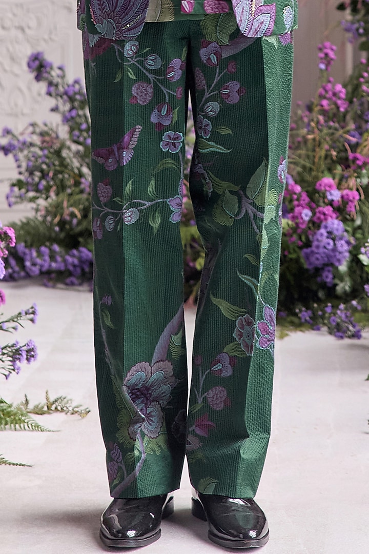 Forest Green Linen Satin Embroidered & Printed Blazer Set by Mahima Mahajan Men at Pernia's Pop Up Shop