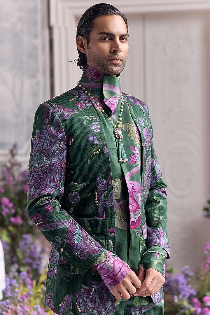 Forest Green Linen Satin Embroidered & Printed Blazer Set by Mahima Mahajan Men at Pernia's Pop Up Shop