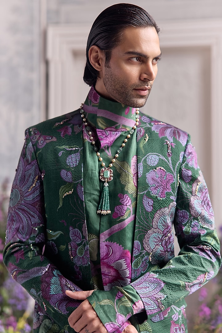 Forest Green Linen Satin Embroidered & Printed Blazer Set by Mahima Mahajan Men at Pernia's Pop Up Shop