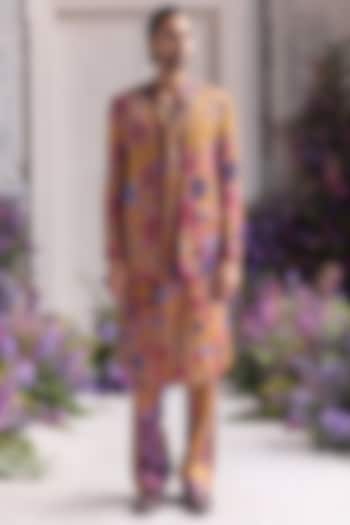 Amber Yellow Linen Satin Hand Embroidered Wedding Indowestern Set by Mahima Mahajan Men at Pernia's Pop Up Shop