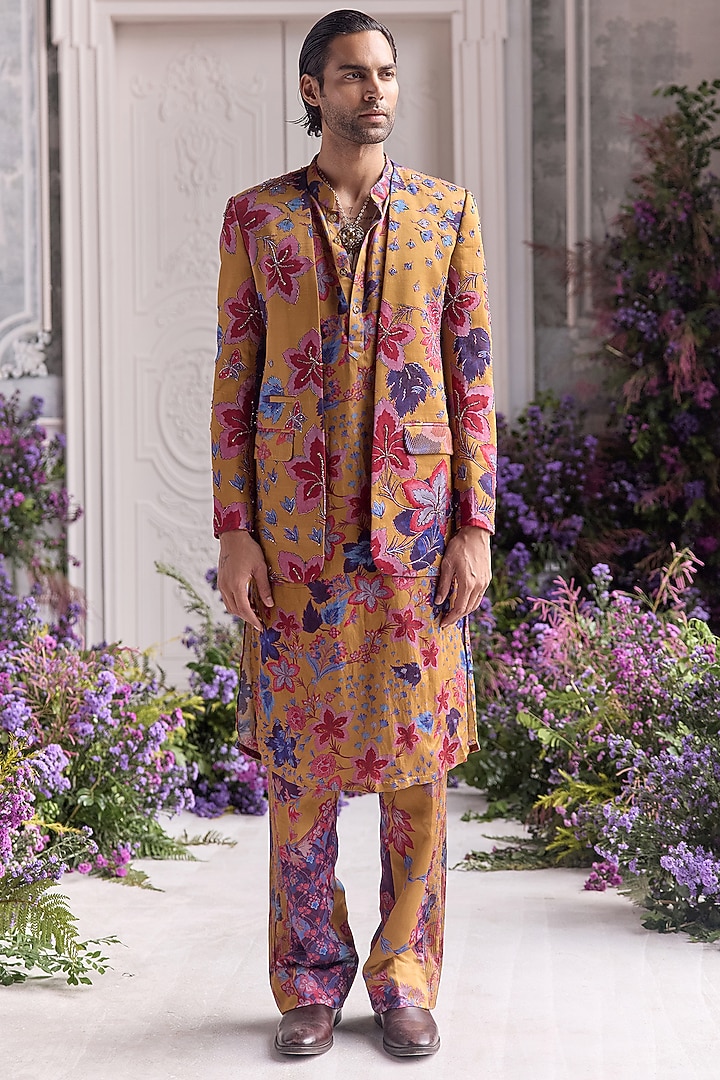 Amber Yellow Linen Satin Hand Embroidered Wedding Indowestern Set by Mahima Mahajan Men at Pernia's Pop Up Shop