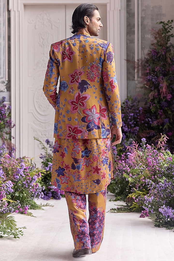 Amber Yellow Linen Satin Hand Embroidered Wedding Indowestern Set by Mahima Mahajan Men at Pernia's Pop Up Shop