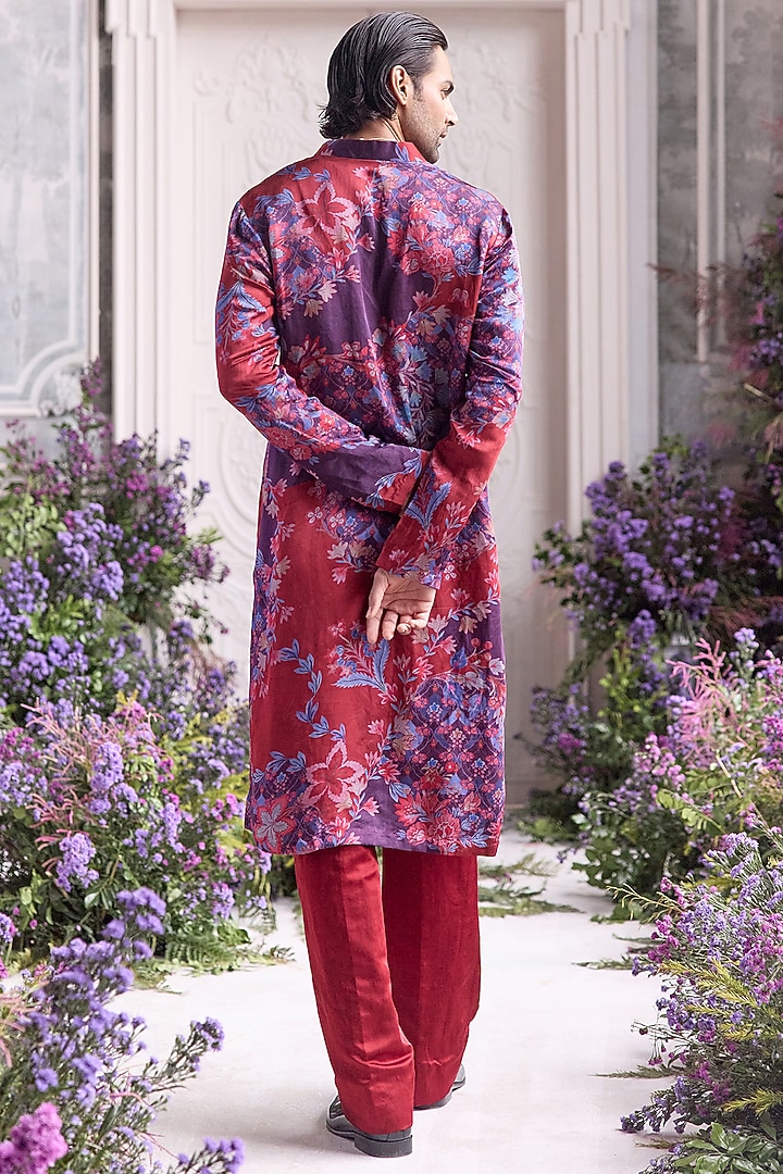 Royal Red Linen Satin Printed Kurta Set by Mahima Mahajan Men at Pernia's Pop Up Shop