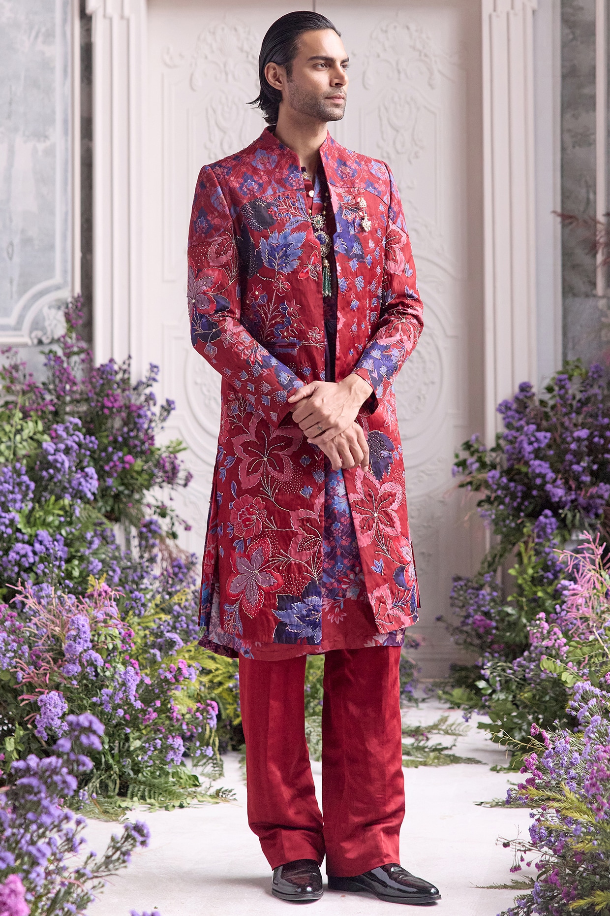 Mahima Mahajan Royal Red Linen Satin Hand Embroidered Sherwani Set