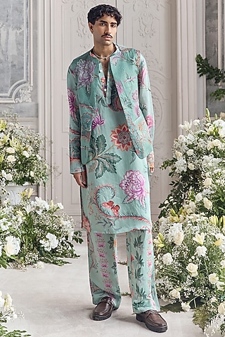 Jade Green Satin Organza Printed & Embroidered Bundi Set by Mahima Mahajan Men