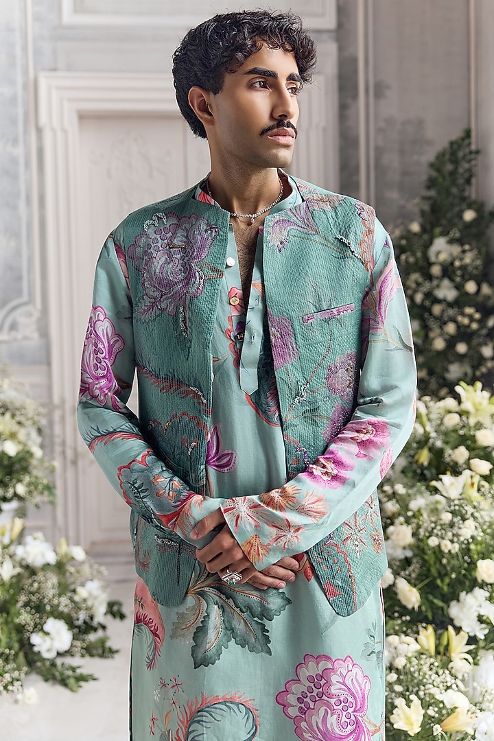 Jade Green Satin Organza Printed & Embroidered Bundi Set by Mahima Mahajan Men at Pernia's Pop Up Shop