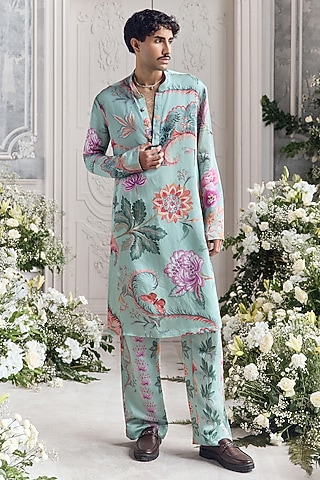 Jade Green Linen Satin Printed Kurta Set by Mahima Mahajan Men
