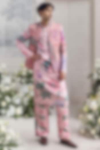 Blush Pink Satin Organza Printed & Embroidered Bundi Set by Mahima Mahajan Men at Pernia's Pop Up Shop