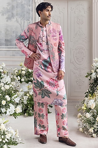 Blush Pink Satin Organza Printed & Embroidered Bundi Set by Mahima Mahajan Men