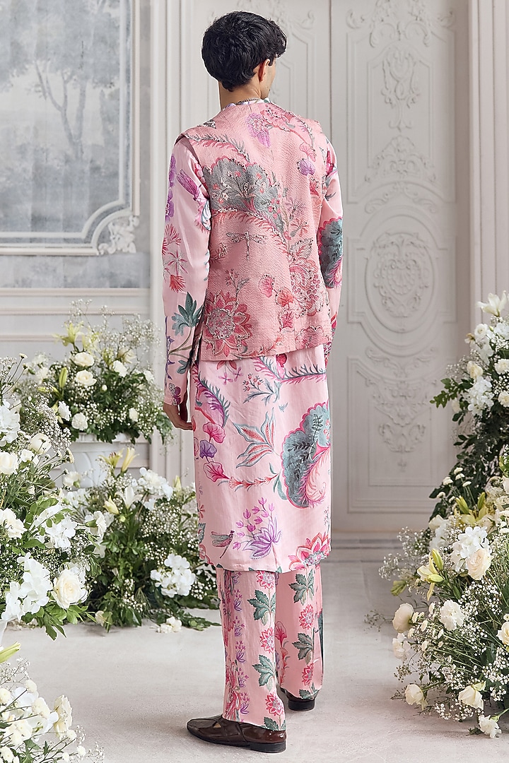 Blush Pink Satin Organza Printed & Embroidered Bundi Set by Mahima Mahajan Men at Pernia's Pop Up Shop