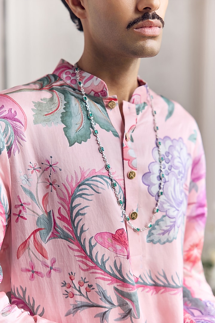 Blush Pink Linen Satin Printed Kurta Set by Mahima Mahajan Men at Pernia's Pop Up Shop
