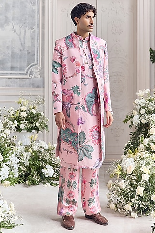 Blush Pink Linen Satin Hand Embroidered Sherwani Set by Mahima Mahajan Men