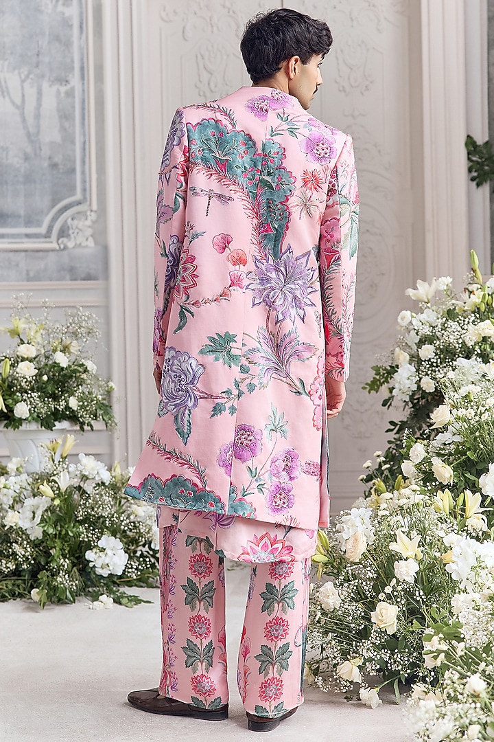 Blush Pink Linen Satin Hand Embroidered Groom Sherwani Set by Mahima Mahajan Men at Pernia's Pop Up Shop