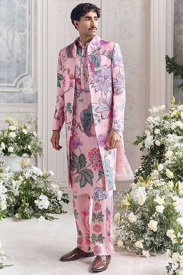 Blush Pink Linen Satin Hand Embroidered Groom Sherwani Set by Mahima Mahajan Men at Pernia's Pop Up Shop