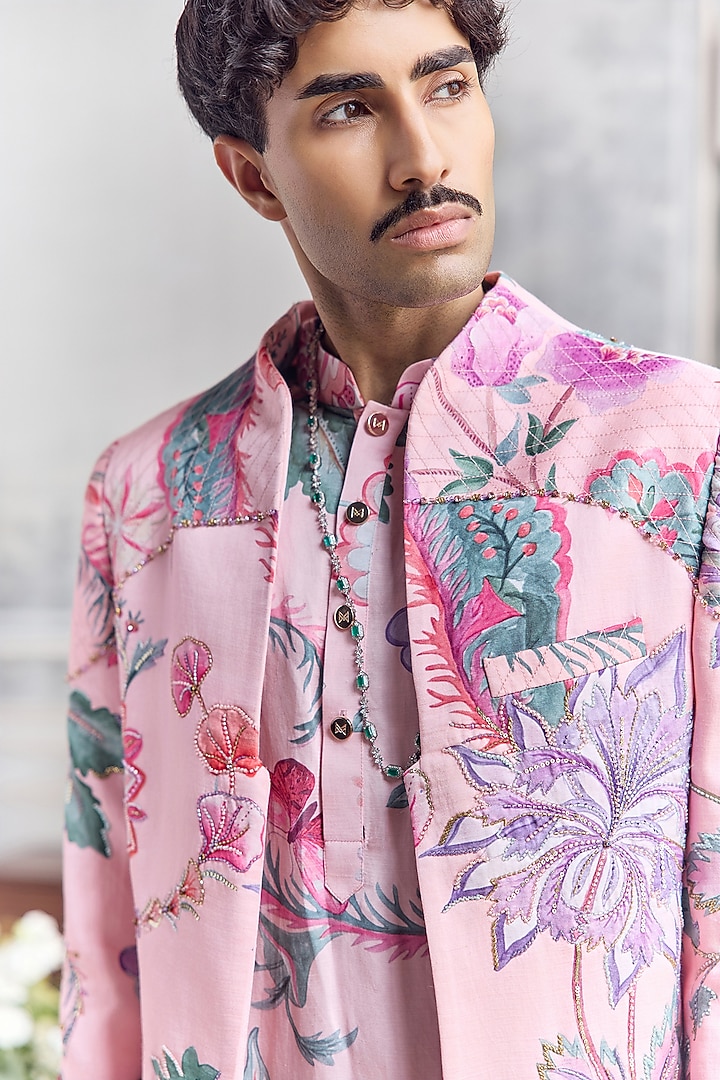 Blush Pink Linen Satin Hand Embroidered Groom Sherwani Set by Mahima Mahajan Men at Pernia's Pop Up Shop