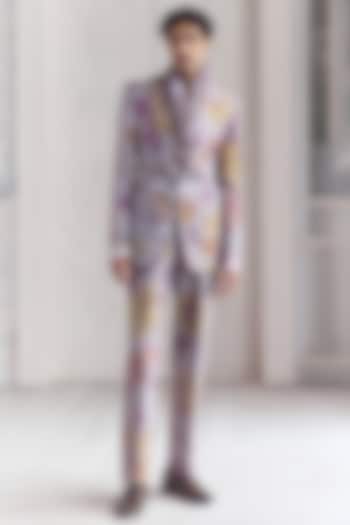 Steel Lilac Satin Organza Embroidered & Printed Blazer Set by Mahima Mahajan Men at Pernia's Pop Up Shop