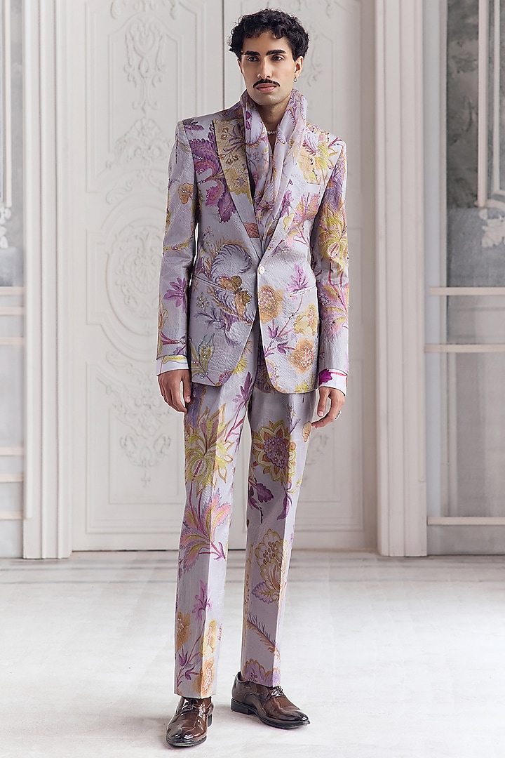 Steel Lilac Satin Organza Embroidered & Printed Blazer Set by Mahima Mahajan Men at Pernia's Pop Up Shop