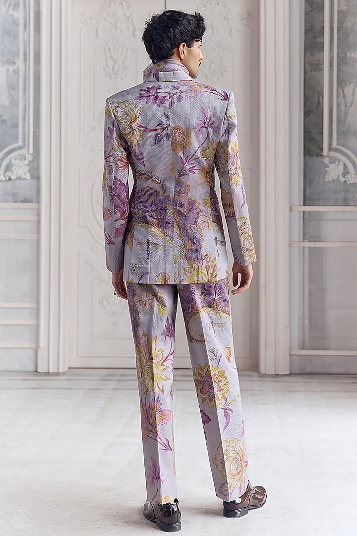 Steel Lilac Satin Organza Embroidered & Printed Blazer Set by Mahima Mahajan Men at Pernia's Pop Up Shop