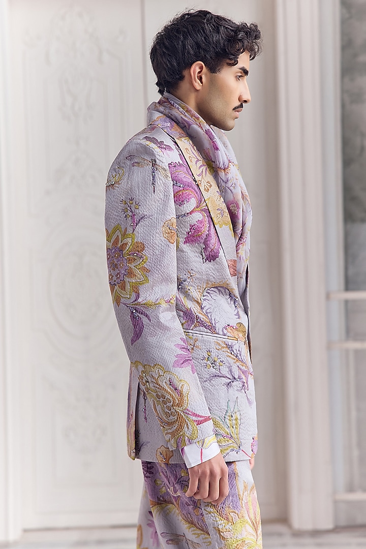 Steel Lilac Satin Organza Embroidered & Printed Blazer Set by Mahima Mahajan Men at Pernia's Pop Up Shop