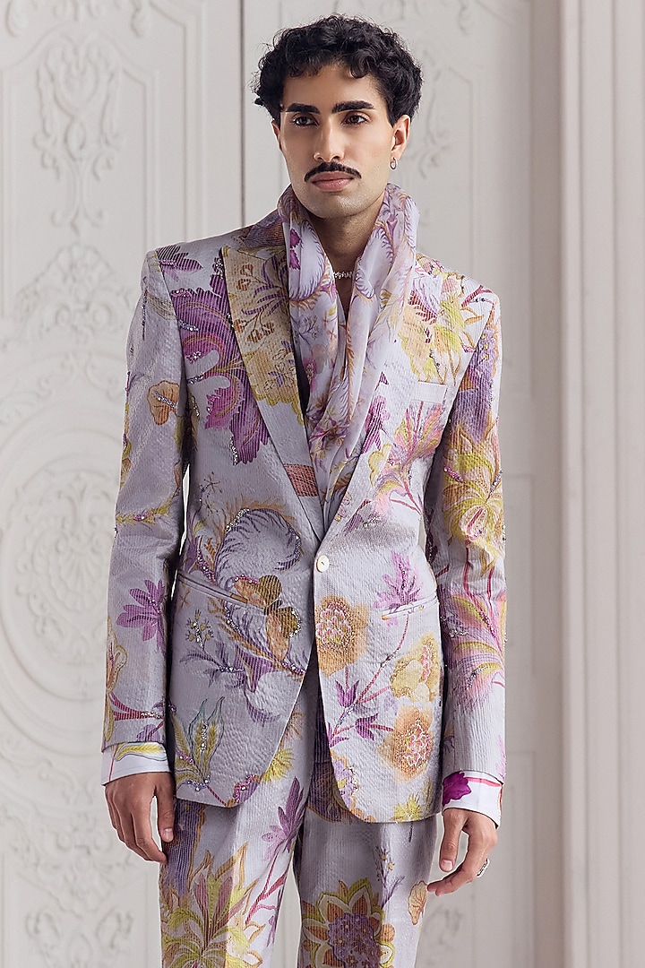 Steel Lilac Satin Organza Embroidered & Printed Blazer Set by Mahima Mahajan Men at Pernia's Pop Up Shop