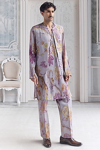 Steel Lilac Satin Organza Printed & Embroidered Bundi Set by Mahima Mahajan Men
