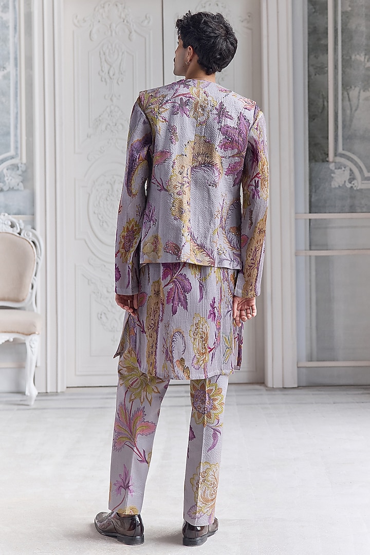 Steel Lilac Satin Organza Printed & Embroidered Bundi Set by Mahima Mahajan Men at Pernia's Pop Up Shop