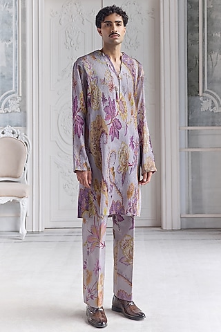 Steel Lilac Satin Organza Printed Kurta Set by Mahima Mahajan Men