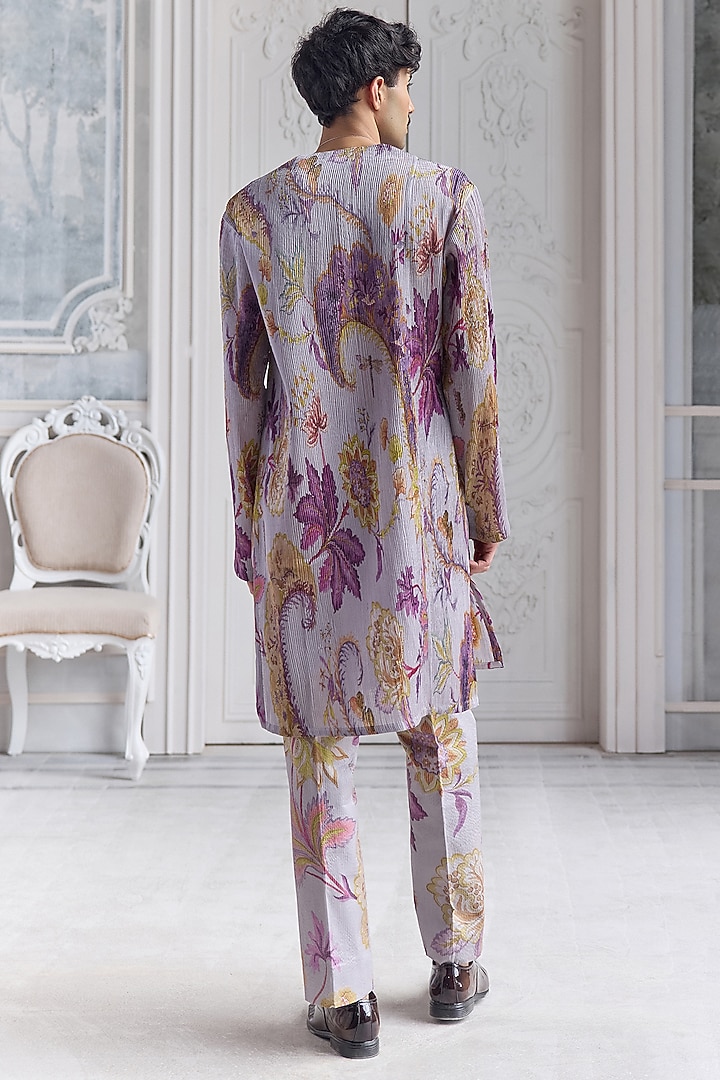 Steel Lilac Satin Organza Printed Kurta Set by Mahima Mahajan Men at Pernia's Pop Up Shop