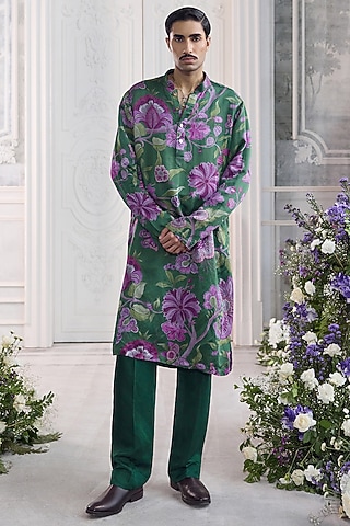 Forest Green Linen Satin Printed Kurta Set by Mahima Mahajan Men