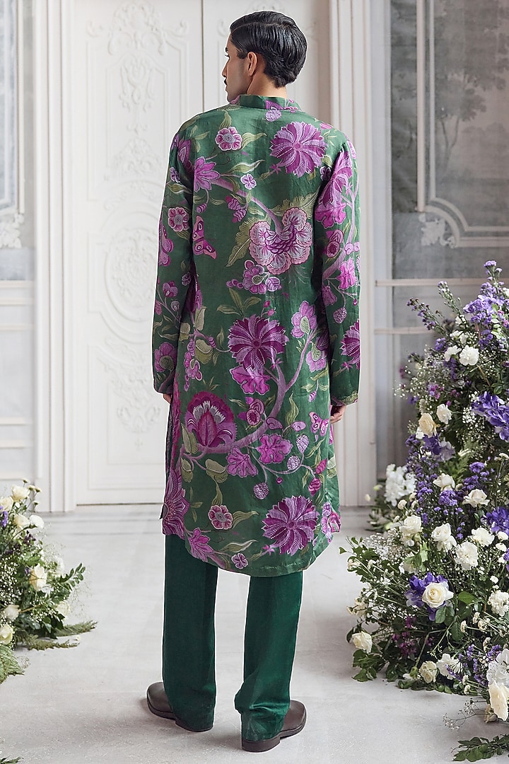 Forest Green Linen Satin Printed Kurta Set by Mahima Mahajan Men at Pernia's Pop Up Shop