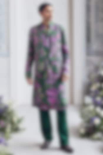 Forest Green Linen Satin Embroidered & Printed Bundi Set by Mahima Mahajan Men at Pernia's Pop Up Shop
