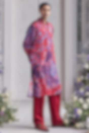 Royal Red Linen Satin Embroidered & Printed Bundi Set by Mahima Mahajan Men at Pernia's Pop Up Shop