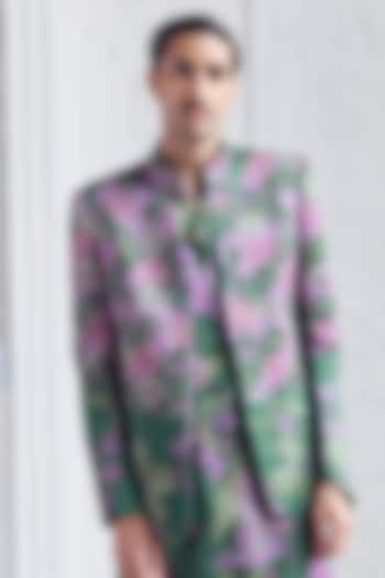 Forest Green Linen Satin Printed Blazer by Mahima Mahajan Men