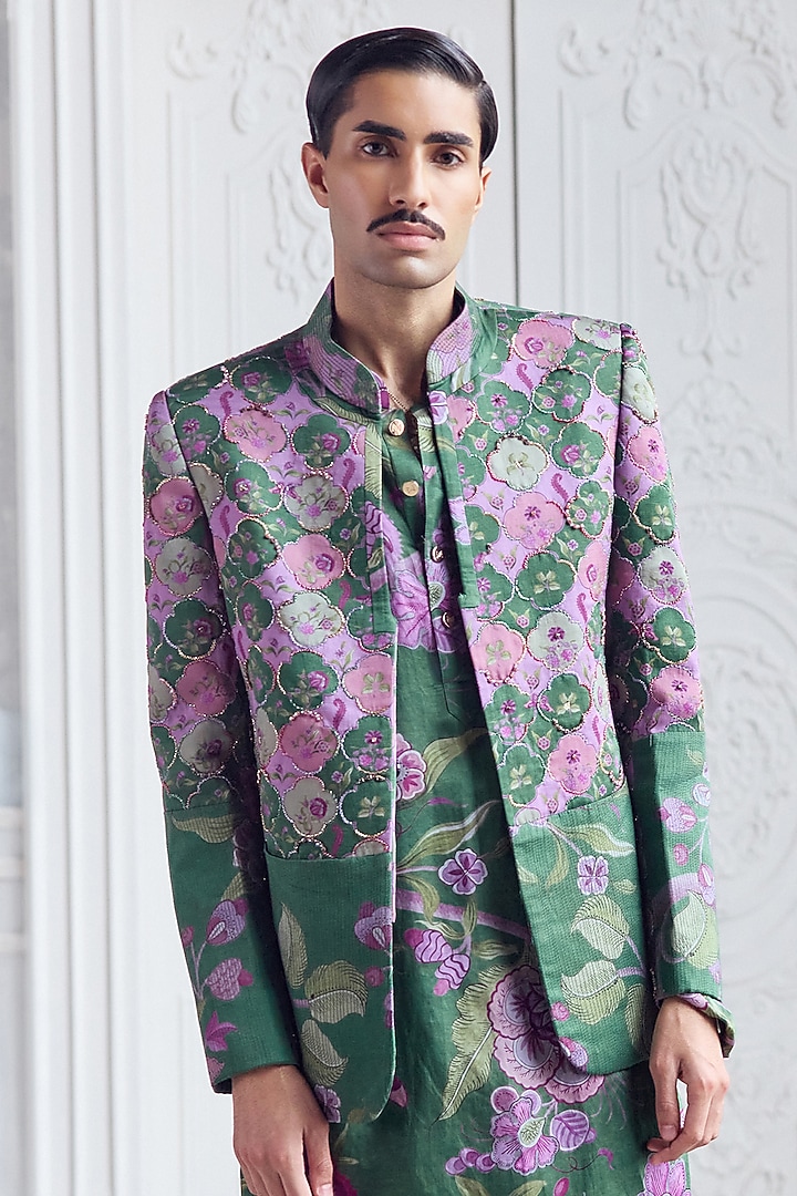 Forest Green Linen Satin Printed Blazer by Mahima Mahajan Men