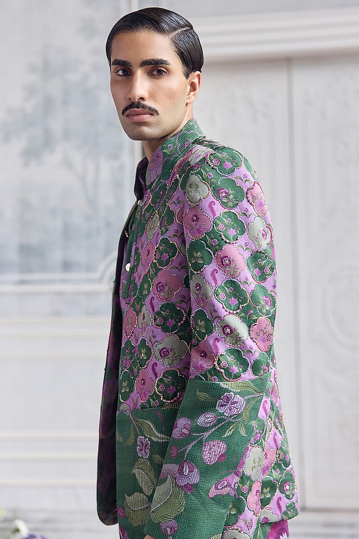 Forest Green Linen Satin Printed Blazer by Mahima Mahajan Men at Pernia's Pop Up Shop