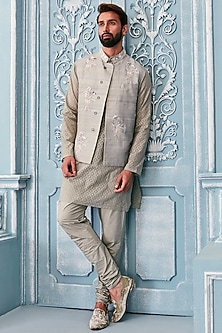 Jade Green Raw Silk Silver Embellished Bundi Jacket Set by Mahima Mahajan Men-POPULAR PRODUCTS AT STORE