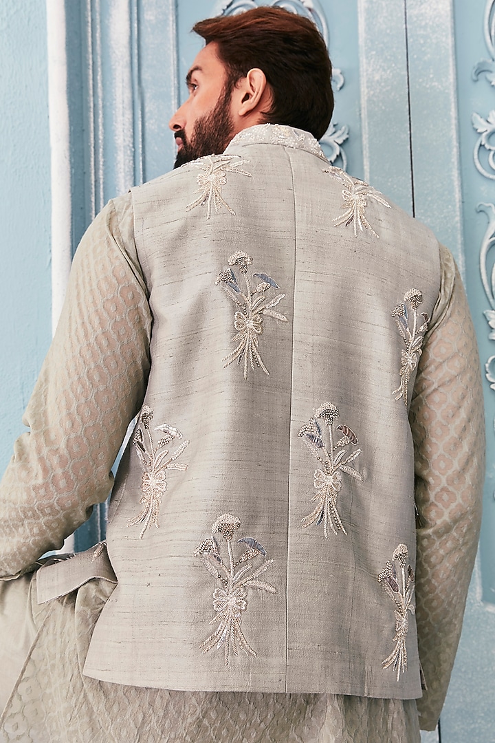 Jade Green Raw Silk Silver Embellished Bundi Jacket Set by Mahima Mahajan Men at Pernia's Pop Up Shop