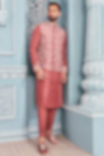 Coral Embellished Bundi Jacket With Kurta Set by Mahima Mahajan Men