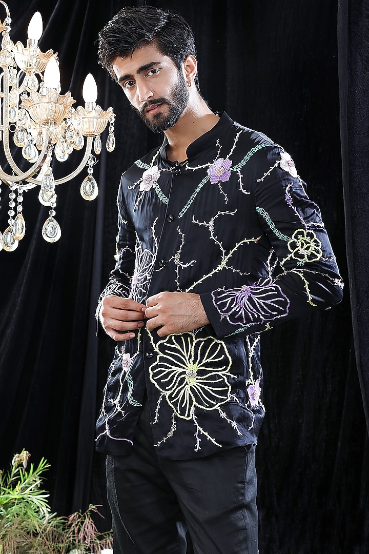 Black Hand Embroidered Blazer Set by Mahima Mahajan Men at Pernia's Pop Up Shop